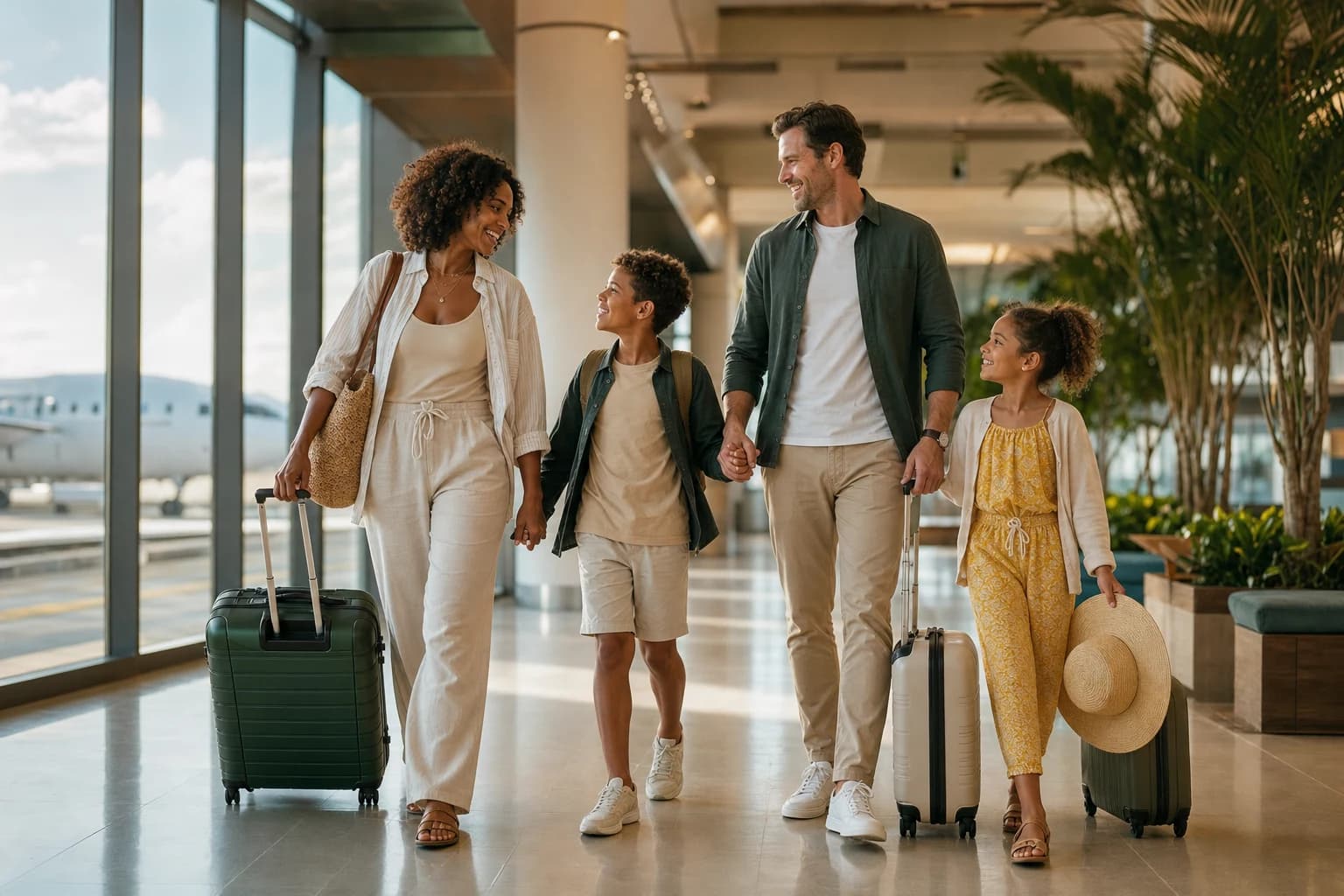 A family of four walking together through an airport