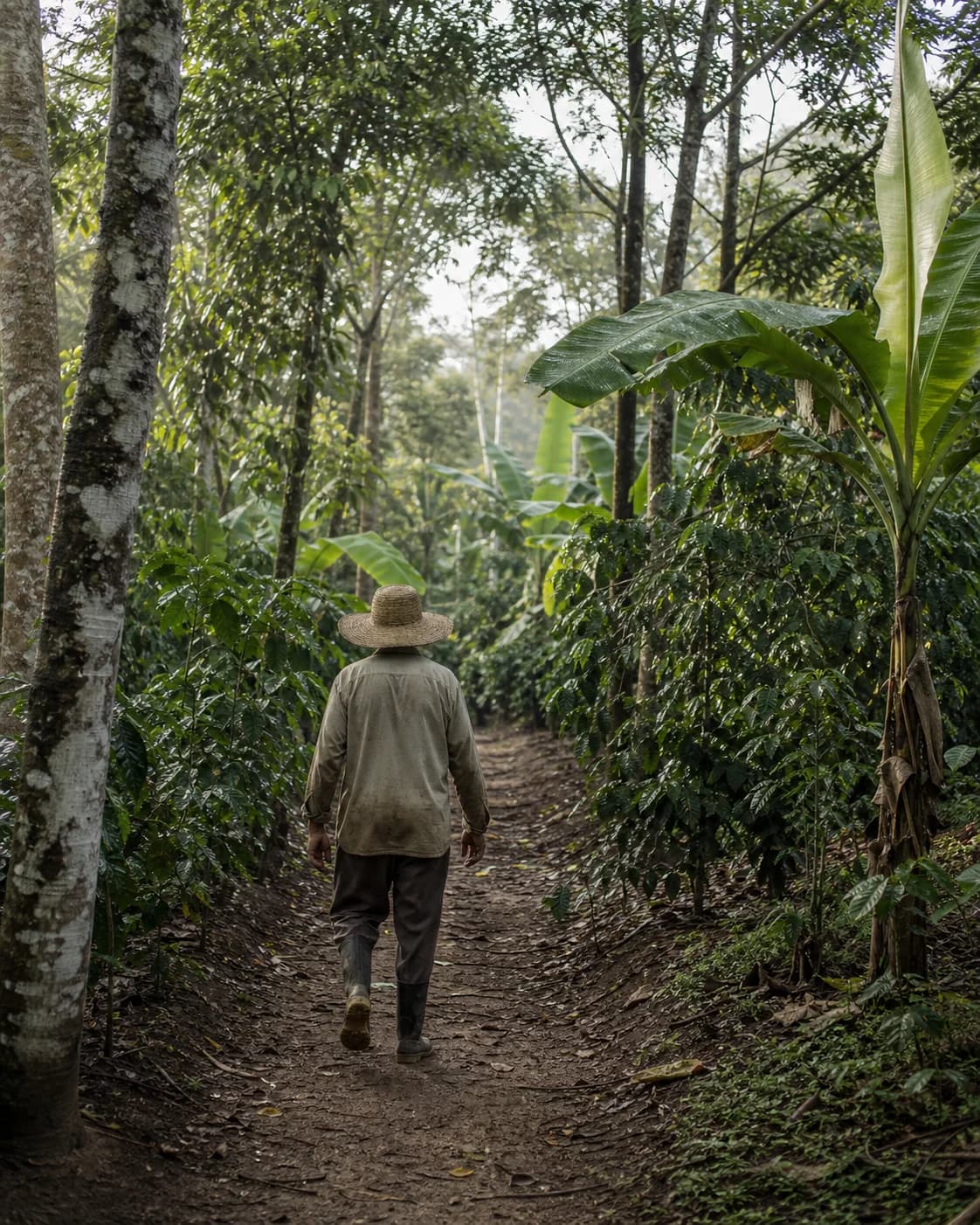A farmer in a straw hat walking through a mature agroforestry system in Brazil