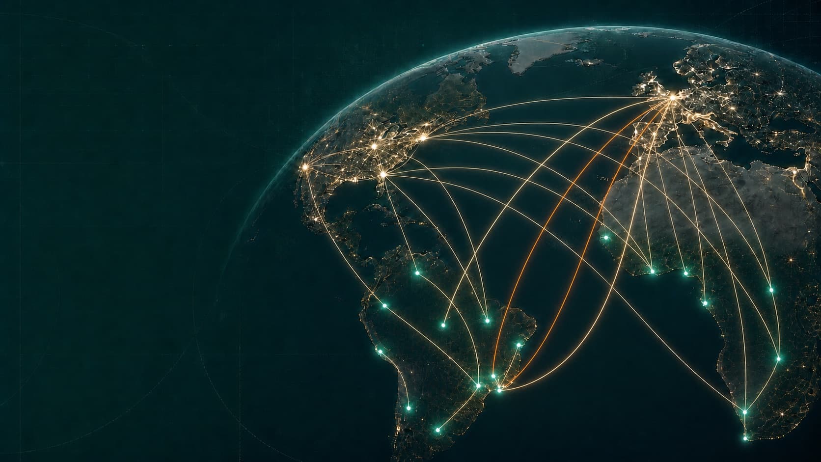 Earth at night with arcs of capital flowing toward the global south