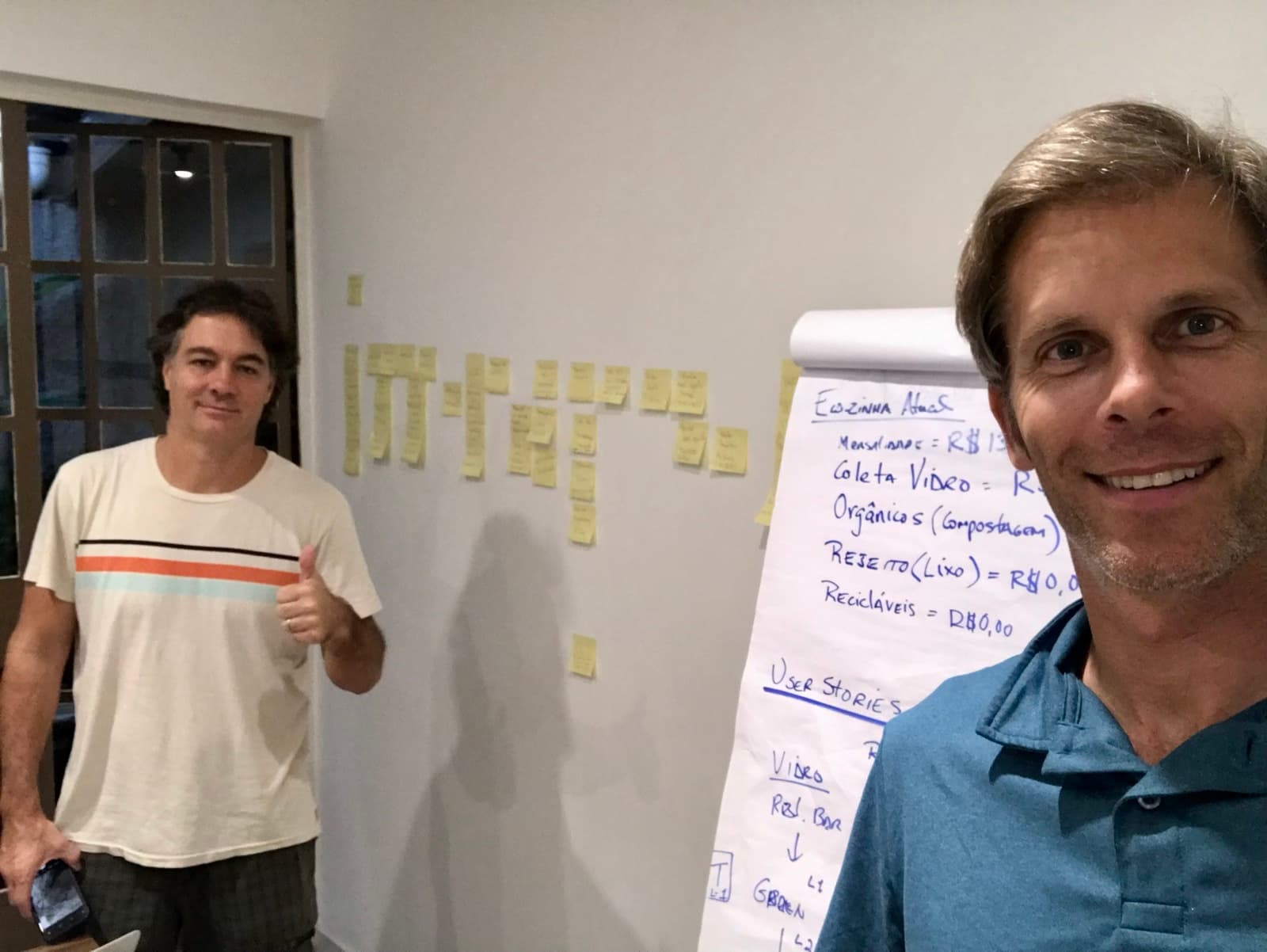 Ian e Marcelo com a economia da Ecozinha em uma parede de planejamento