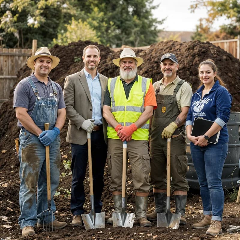 Cinco pessoas com ferramentas ao lado de leiras de compostagem, na apresentação do BOLD Carbon.