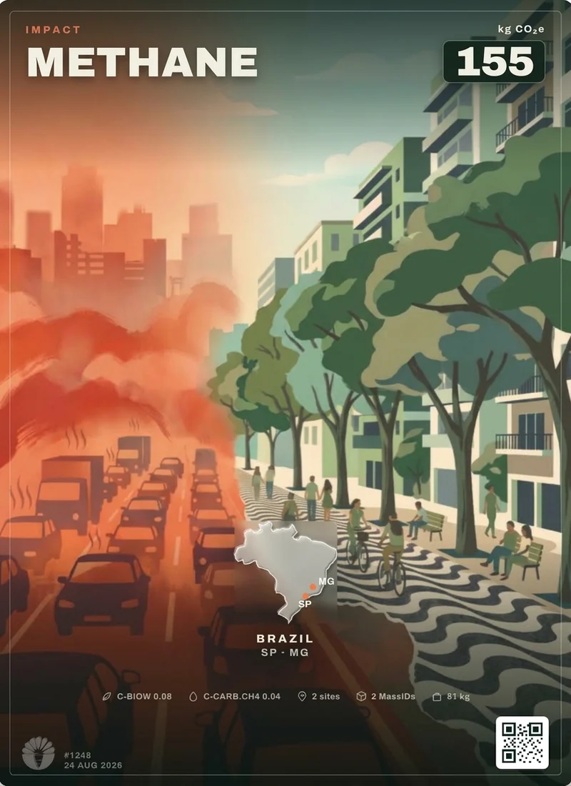 Impact Card colecionável ilustrativa de metano: uma cidade passa do vermelho quente ao verde, com um nome e uma frase de campanha.