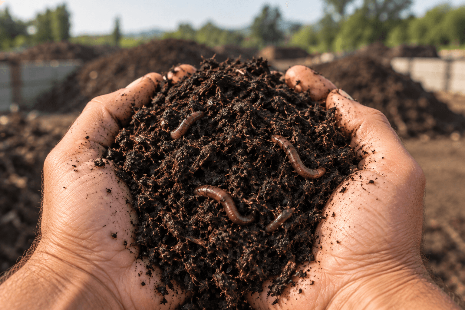 AI-generated first-person image of two bare hands holding rich, mature dark compost with visible earthworms at a composting facility.