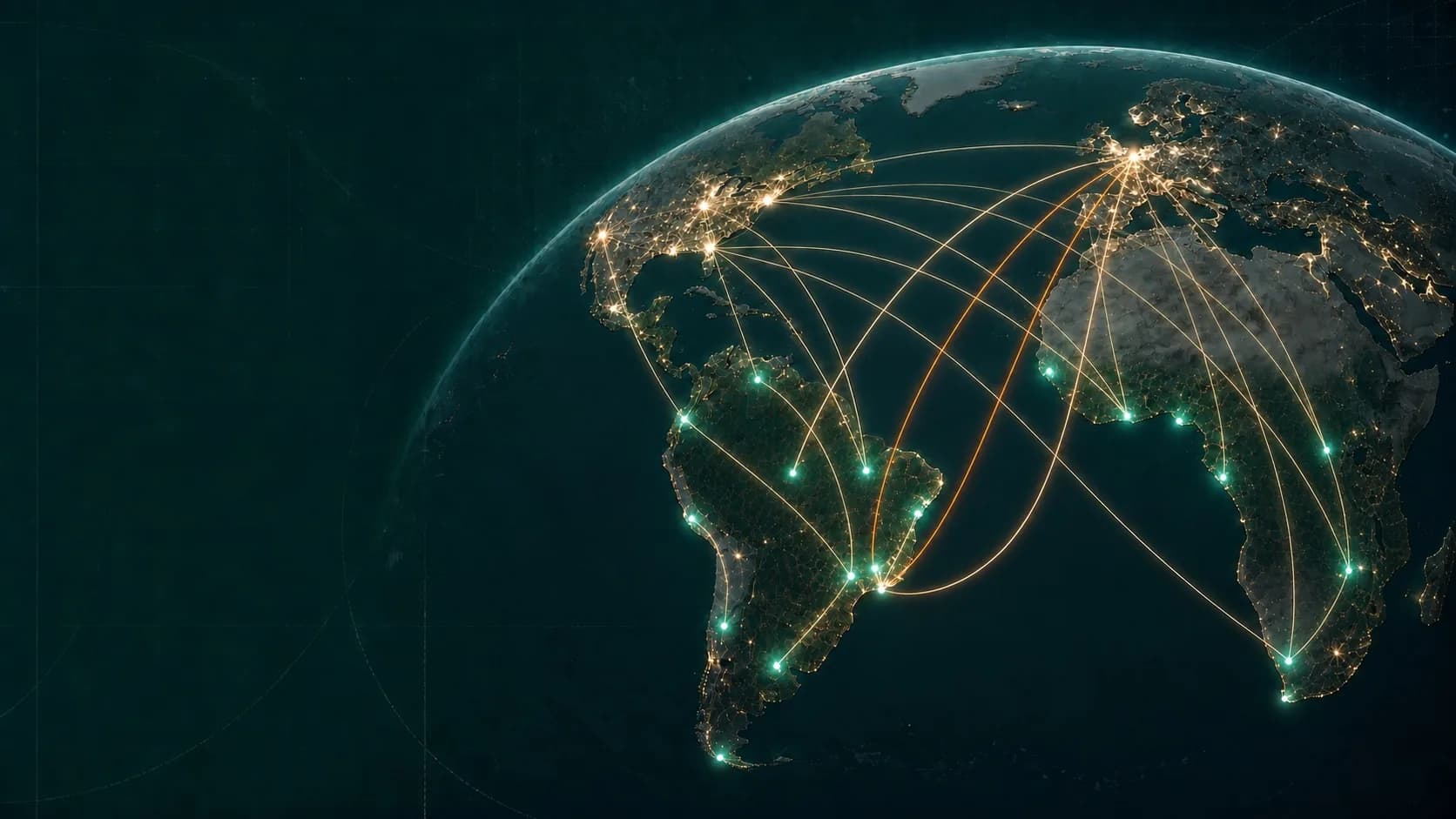 Illustration of global funding connections between North America, Europe, South America and Africa.