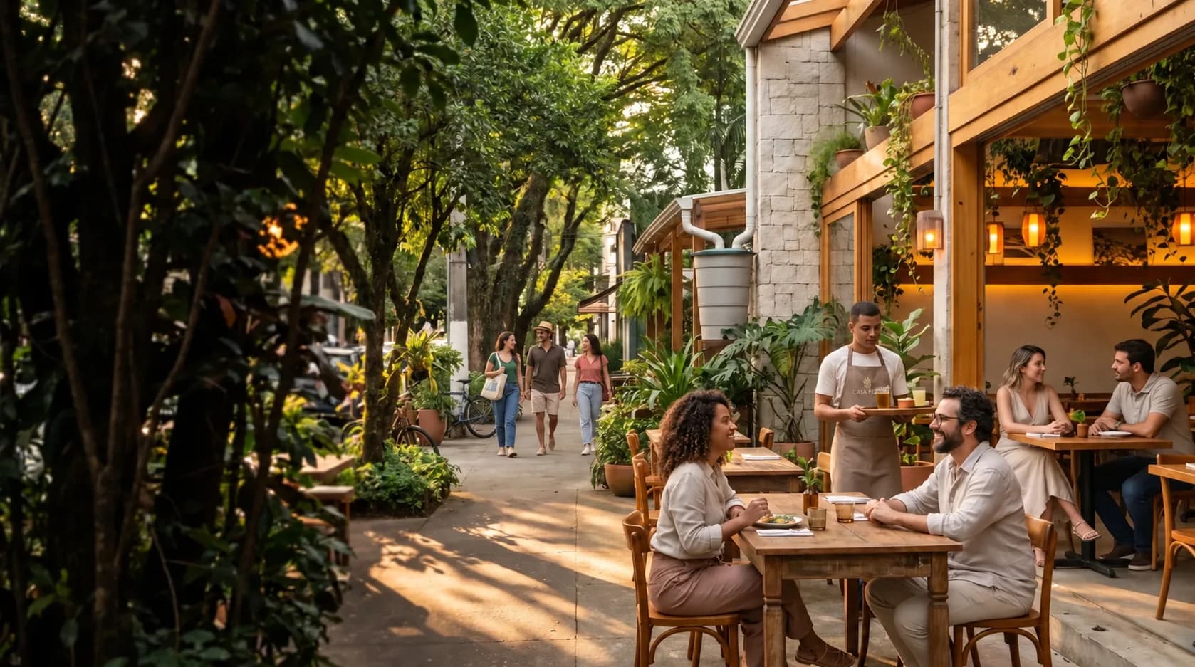 An imagined leafy restaurant street, with friends dining outdoors and neighbors walking together.