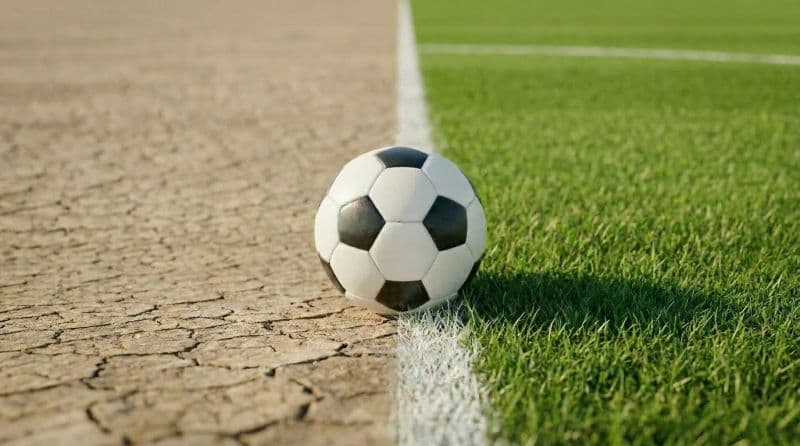 A football resting on the line between cracked dry earth and green turf