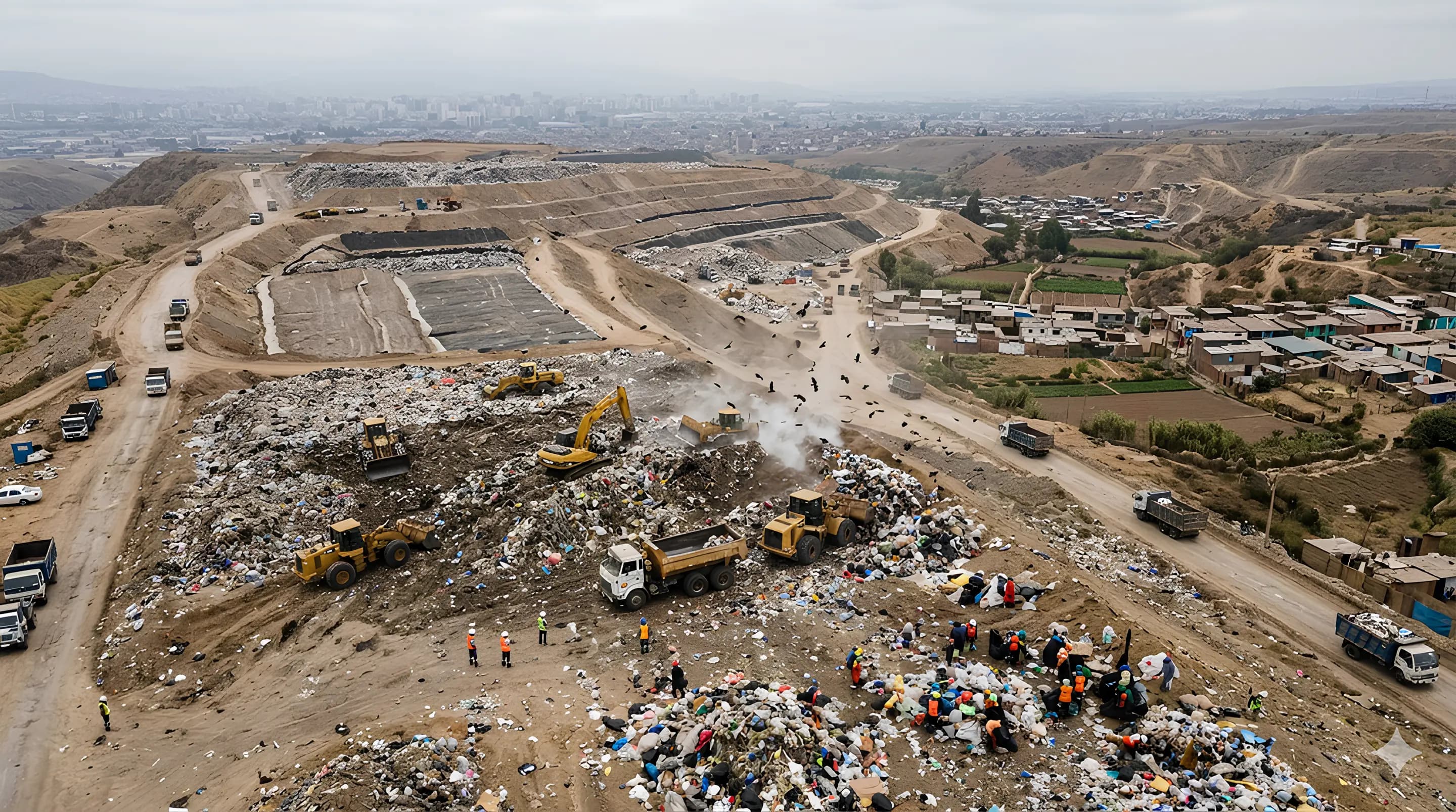 An aerial view of an active landfill worked by loaders and trucks on the hills above a city, with the city itself visible along the horizon behind it.
